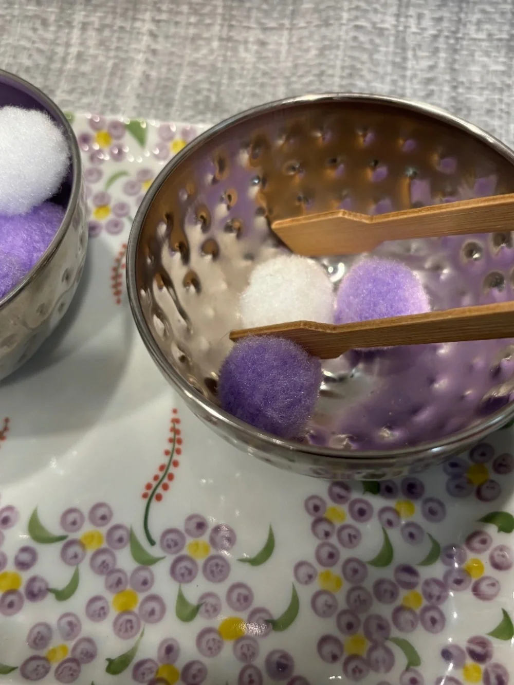 purple & white craft pom tonging 1:1 practical life lesson by idlewild montessor